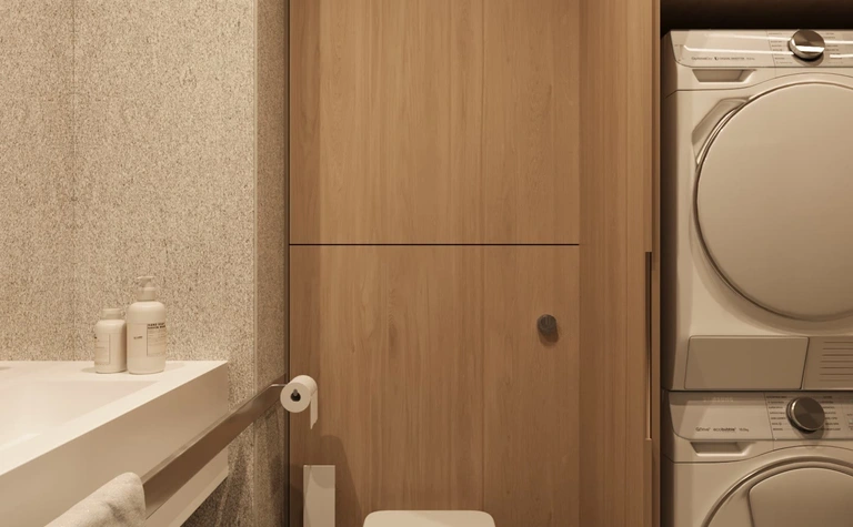 Wnętrze łazienki w stylu eklektycznym, minimalistycznym i współczesnym z drewnem