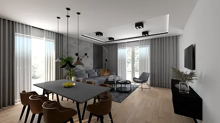 Wnętrze salonu w stylu minimalistycznym z szarymi ścianami i czarnymi detalami.