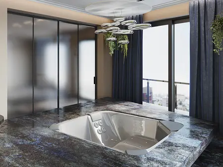 Wnętrze z jacuzzi, nowoczesne meble i duże okna.