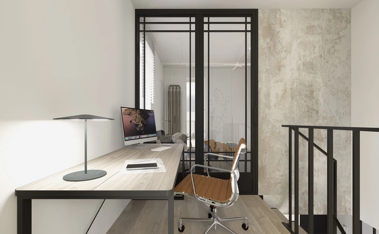 Gabinet w stylu industrialnym i minimalistycznym z biurkiem, lampą i szklanymi drzwiami.