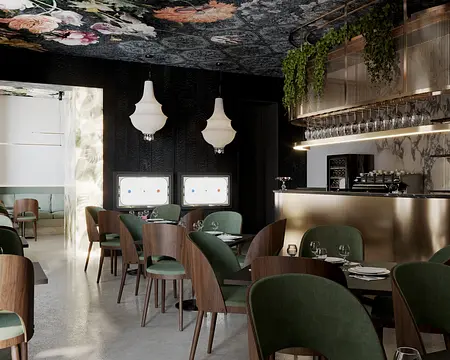 Nowoczesna restauracja z zielonymi krzesłami, marmurowym barem i kwiecistym sufitem w stylu glamour.