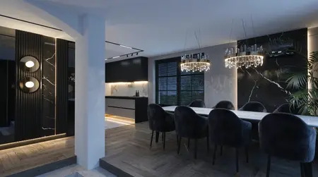 Wnętrze jadalni z glamour i nowoczesnym stylem z czarnymi meblami i oświetleniem