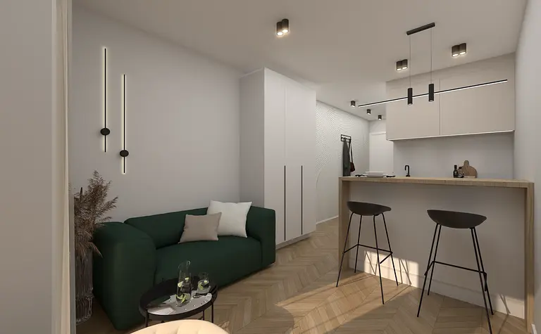 Wnętrze minimalistyczne z zieloną sofą i jasnymi meblami w nowoczesnym stylu.