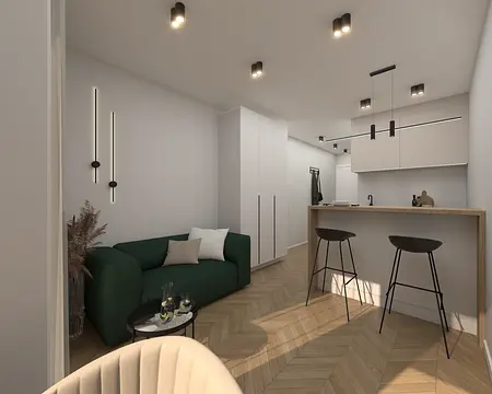 Wnętrze minimalistyczne z zieloną sofą i jasnymi meblami w nowoczesnym stylu.