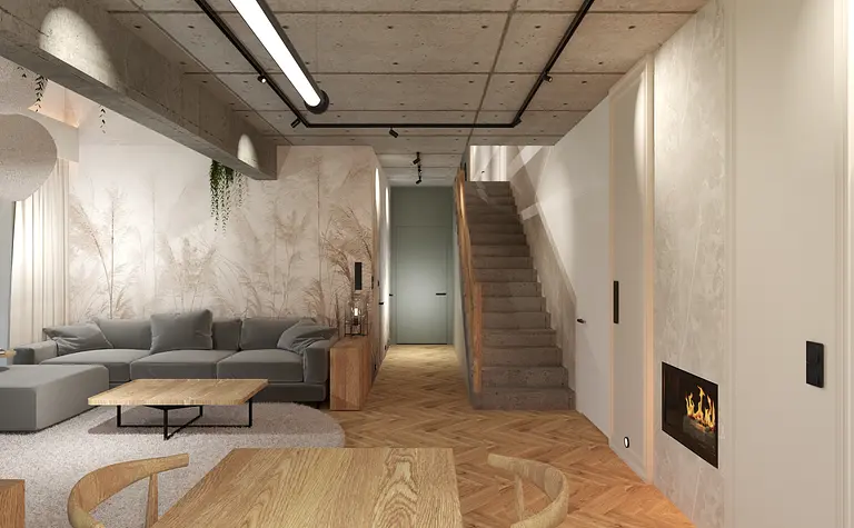 Współczesne wnętrze salonu z szarym sofą, drewnianym stołem, kominkiem i schodami.