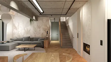 Współczesne wnętrze salonu z szarym sofą, drewnianym stołem, kominkiem i schodami.