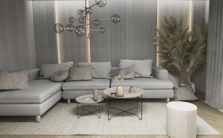 Wnętrze salonu w stylu eklektycznym z minimalistycznymi meblami i nowoczesnym oświetleniem.