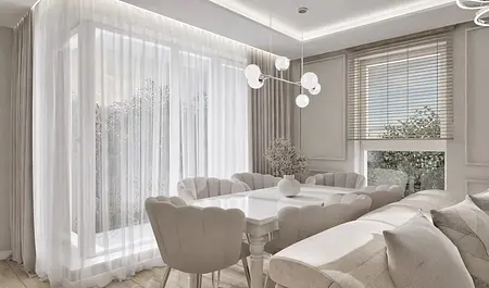 Wnętrze jadalni w stylu glamour z nowoczesnym oświetleniem i współczesnymi meblami.