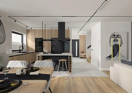 Wnętrze kuchni w stylu industrialnym z drewnianymi meblami i czarnymi akcentami.