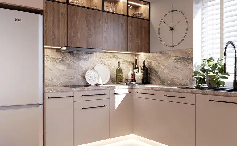 Kuchnia minimalistyczna z beżowymi meblami i drewnianymi akcentami.