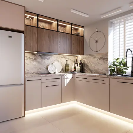 Kuchnia minimalistyczna z beżowymi meblami i drewnianymi akcentami.