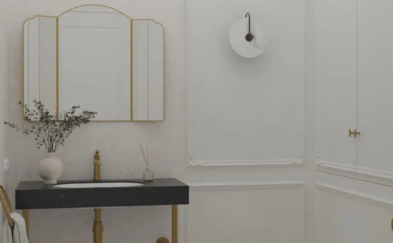 Łazienka w stylu art deco z minimalistycznym i tradycyjnym wystrojem, czarna umywalka.