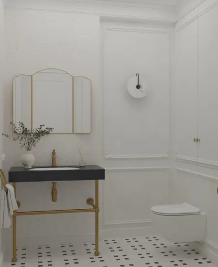 Łazienka w stylu art deco z minimalistycznym i tradycyjnym wystrojem, czarna umywalka.