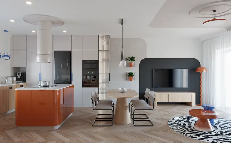 Wnętrze kuchni w stylu dopamine decor i eklektycznym z pomarańczowym blatem.