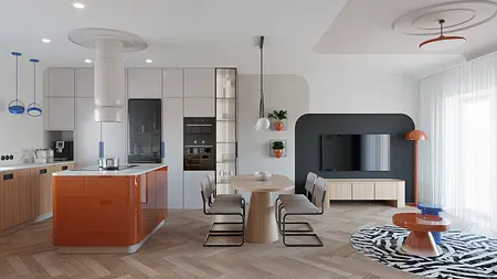 Wnętrze kuchni w stylu dopamine decor i eklektycznym z pomarańczowym blatem.