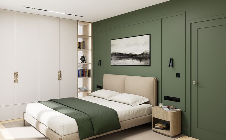 Sypialnia w stylu minimaluxe z zieloną ścianą i nowoczesnymi meblami.