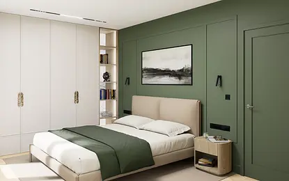 Sypialnia w stylu minimaluxe z zieloną ścianą i nowoczesnymi meblami.