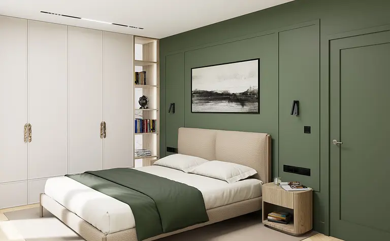 Sypialnia w stylu minimaluxe z zieloną ścianą i nowoczesnymi meblami.