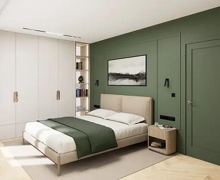 Sypialnia w stylu minimaluxe z zieloną ścianą i nowoczesnymi meblami.