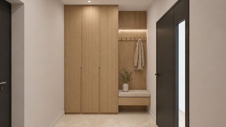 Przedpokój w stylu boho, japandi i minimalistycznym z drewnianymi meblami.