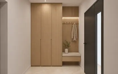 Przedpokój w stylu boho, japandi i minimalistycznym z drewnianymi meblami.