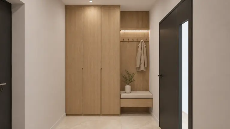 Przedpokój w stylu boho, japandi i minimalistycznym z drewnianymi meblami.