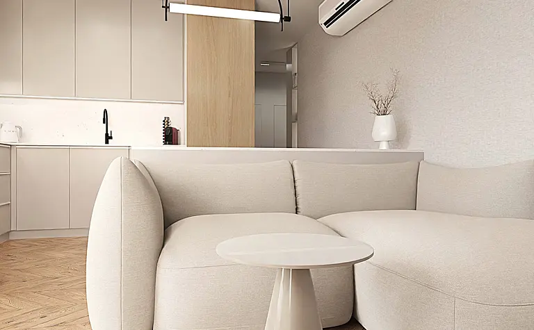 Wnętrze w stylu japandi, minimalistycznym, nowoczesnym z jasnym salonem.