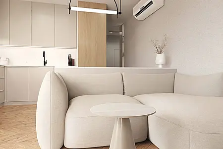 Wnętrze w stylu japandi, minimalistycznym, nowoczesnym z jasnym salonem.