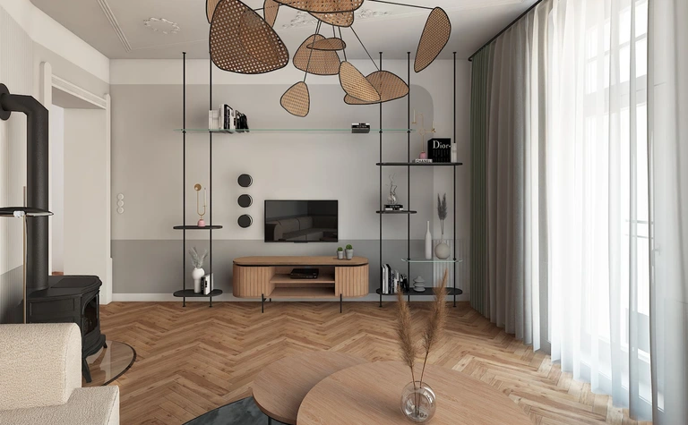 Wnętrze salonu z drewnianymi meblami, szarościami i elementami dopamine decor.