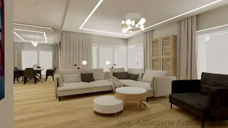 Nowoczesny salon z jasnymi meblami, drewnianą podłogą i dużymi oknami.