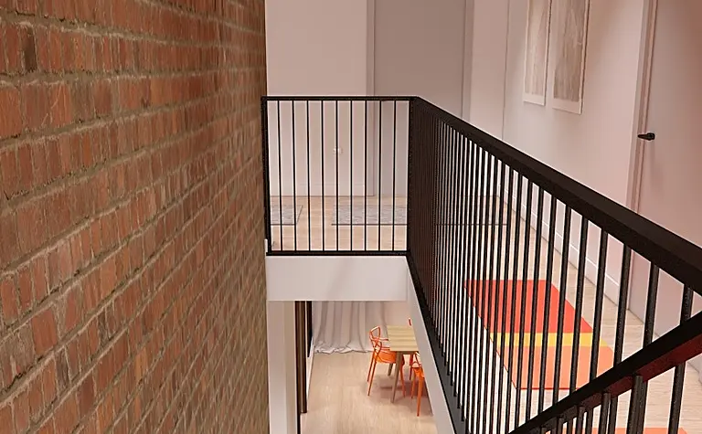 Korytarz w stylu minimalistycznym z ceglaną ścianą i drewnianą podłogą, skandynawski design.