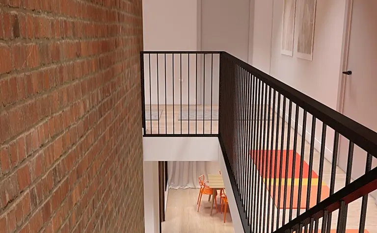 Korytarz w stylu minimalistycznym z ceglaną ścianą i drewnianą podłogą, skandynawski design.