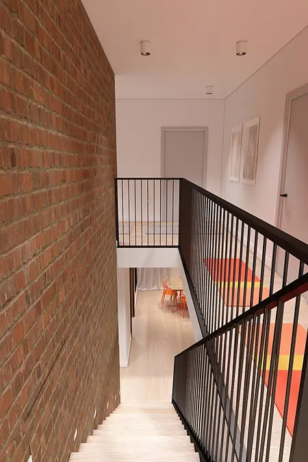 Korytarz w stylu minimalistycznym z ceglaną ścianą i drewnianą podłogą, skandynawski design.