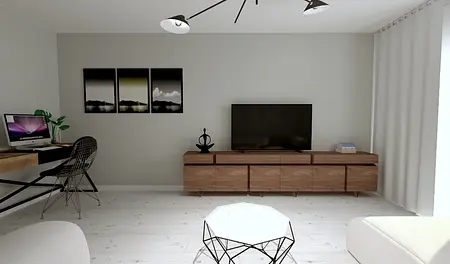 Współczesne wnętrze salonu z telewizorem, biurkiem i drewnianymi akcentami.
