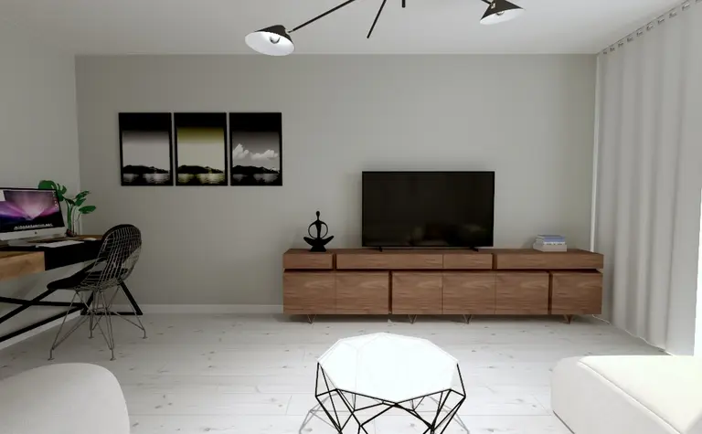 Współczesne wnętrze salonu z telewizorem, biurkiem i drewnianymi akcentami.