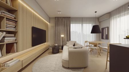 Wnętrze salonu w stylu japandi i minimaluxe z jasnymi meblami.