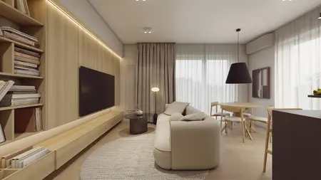 Wnętrze salonu w stylu japandi i minimaluxe z jasnymi meblami.