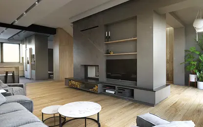 Wnętrze salonu w stylu industrialnym, minimalistycznym, skandynawskim z drewnianą podłogą i roślinami.