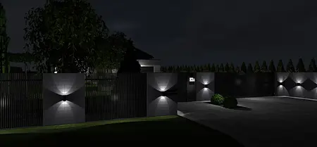 Nowoczesne wejście z industrialnym ogrodzeniem i oświetleniem w stylu japandi
