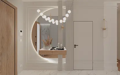 Przedpokój z drewnianymi drzwiami, oświetleniem i dekoracjami w stylu dopamine decor.