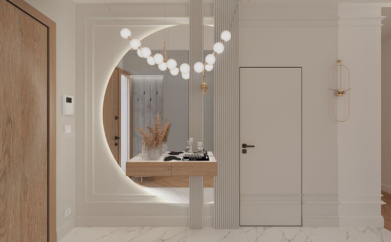 Przedpokój z drewnianymi drzwiami, oświetleniem i dekoracjami w stylu dopamine decor.