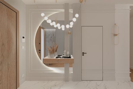 Przedpokój z drewnianymi drzwiami, oświetleniem i dekoracjami w stylu dopamine decor.
