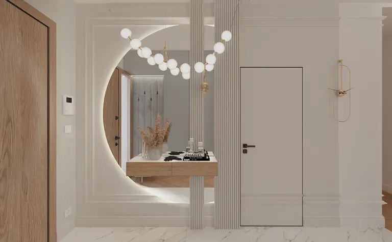 Przedpokój z drewnianymi drzwiami, oświetleniem i dekoracjami w stylu dopamine decor.