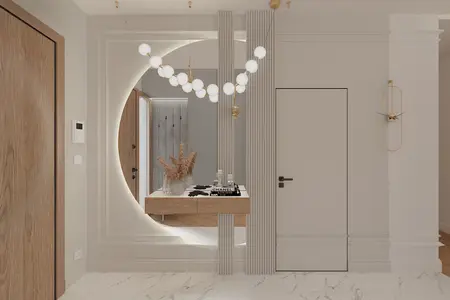 Przedpokój z drewnianymi drzwiami, oświetleniem i dekoracjami w stylu dopamine decor.