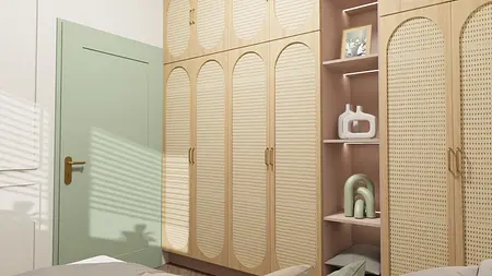 Wnętrze garderoby z drewnianymi meblami i zielonymi detalami, styl nowoczesny i vintage.