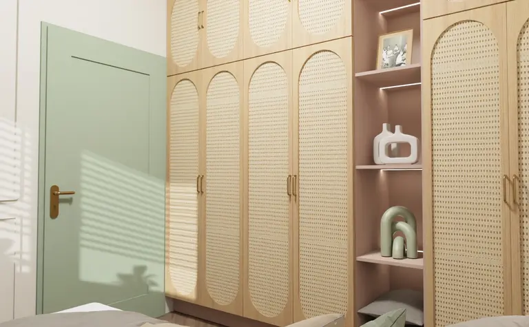 Wnętrze garderoby z drewnianymi meblami i zielonymi detalami, styl nowoczesny i vintage.