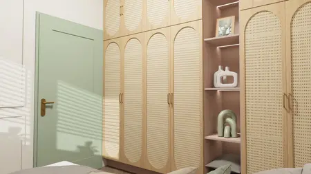 Wnętrze garderoby z drewnianymi meblami i zielonymi detalami, styl nowoczesny i vintage.