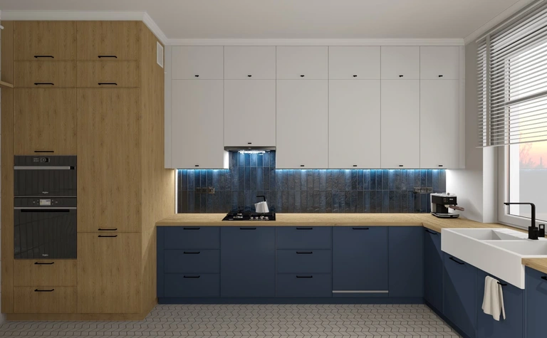 Kuchnia w stylu eklektycznym z drewnianymi meblami, art deco i minimalizmem.