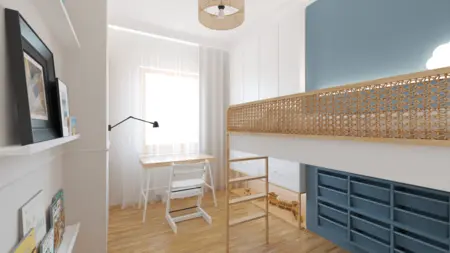 Pokój dziecięcy w stylu boho i minimalistycznym z biurkiem, łóżkiem oraz drewnianymi akcentami.