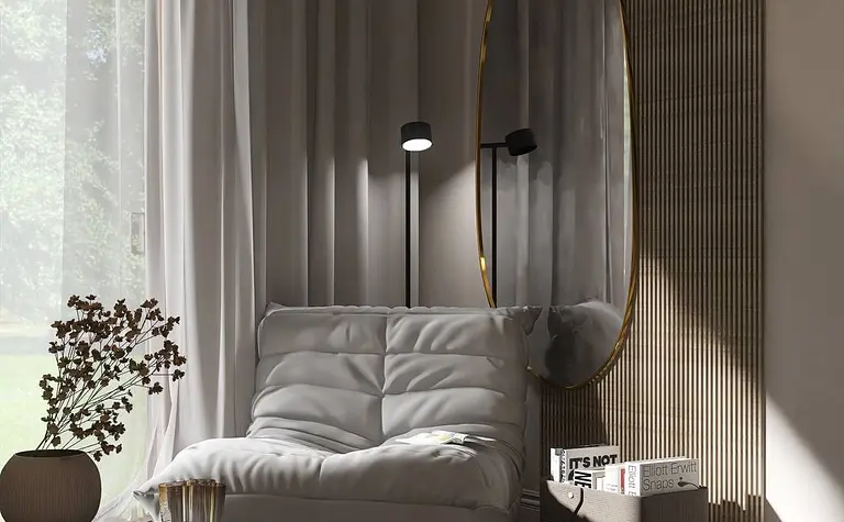Wnętrze salonu z minimalistycznym stylem, nowoczesnymi meblami i skandynawskim designem.